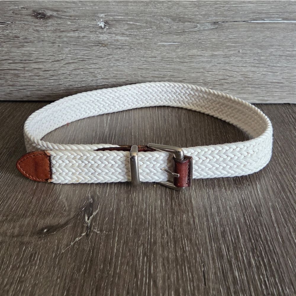 Limited Woven White Belt with Brown Leather Accents Small/Medium
